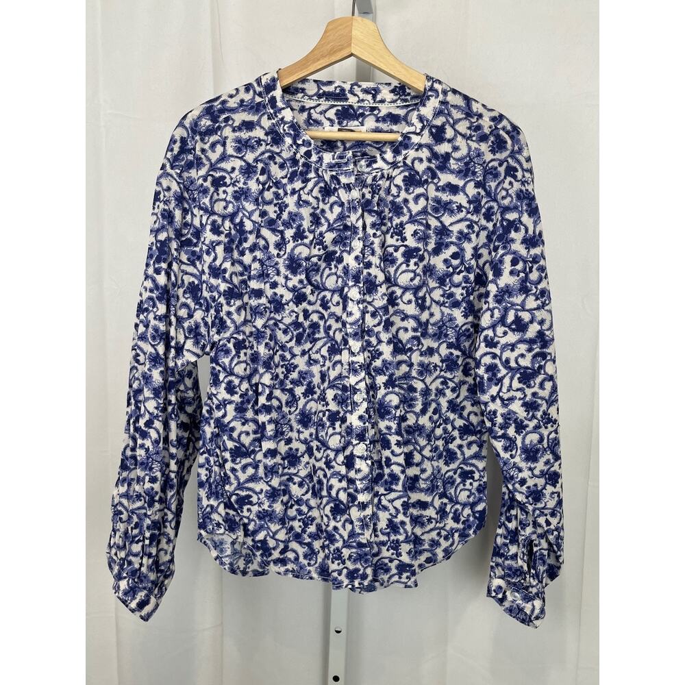 PILCRO Anthropologie Floral Button Up Top Band Collar Cotton Blend Blue White S